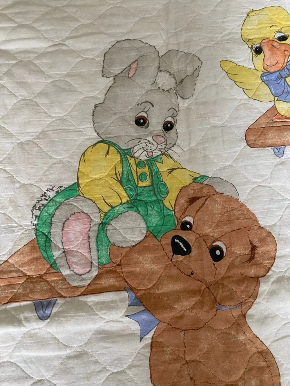 VTG  80s 90s Handmade Baby Quilt Yellow Plaid Giraffe Teddy Bear Elephant Bunny